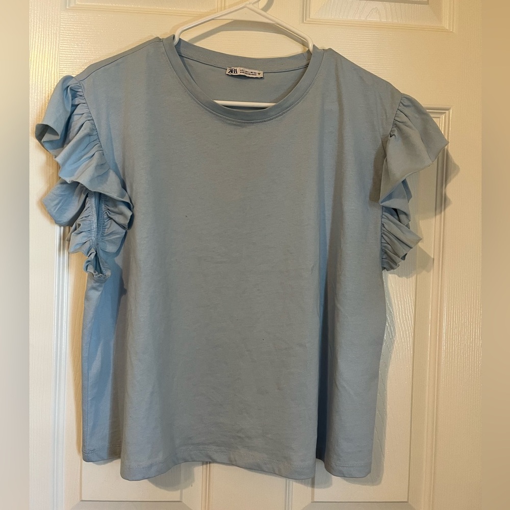 Zara Light Blue Ruffle Sleeve Tee
